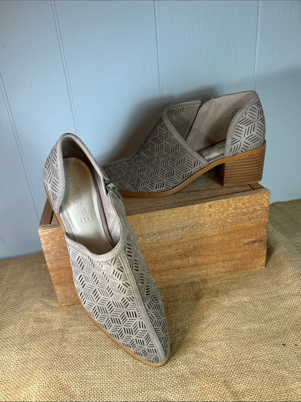 1. State Taupe Laser-Cut Suede Low Block Heel Booties
